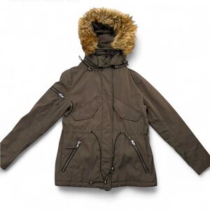 S13 Women’s Hooded Utility Jacket Faux Fur Trim Small Brown Matte Parka Coat